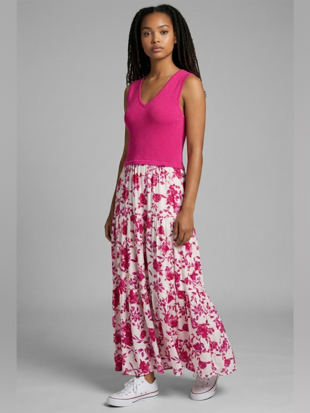 Skies Are Blue Pink Floral Dress Lg Sleeveless Mixed Media Knit Top Flowy Skirt